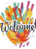 the word welcome with hand prints behind it