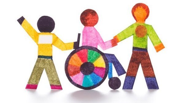 drawing of colorful students with one in a wheelchair